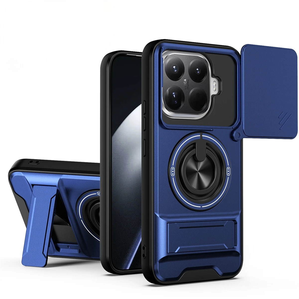 Durable Anti-Drop Hard Lens Slide Phone Case with Magnetic Car Ring Holder and Stand