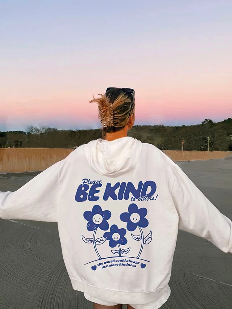 

Please Be Kind To Others Flower Printed Womens Cotton Hoodies Creativity Vintage Long Sleeves Casual Pocket Woman Sweatshirts