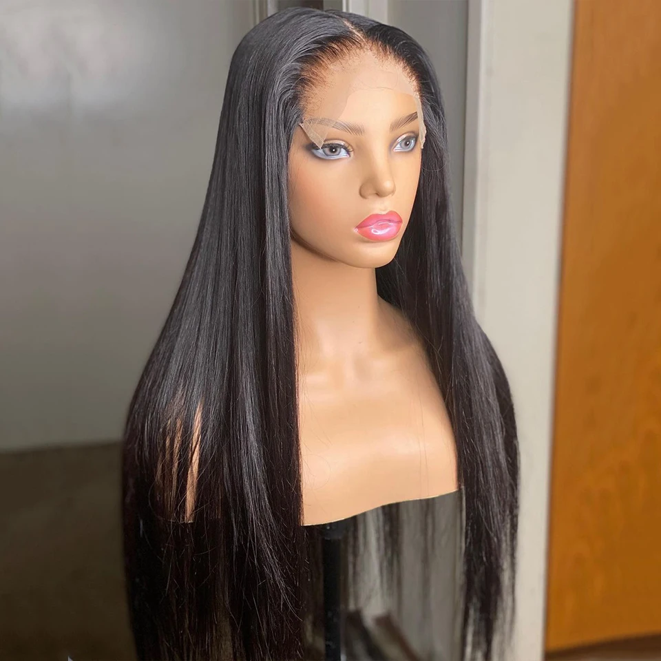 Brasileiro de Seda em Linha Dianteira do Laço para as Mulheres com Cabelo do Bebê Polegada Densidade Natural Preto Pré Arrancado Reta Macio Peruca Perucas Diárias 26 180% 90 arrancado brasileiro de seda em linha reta