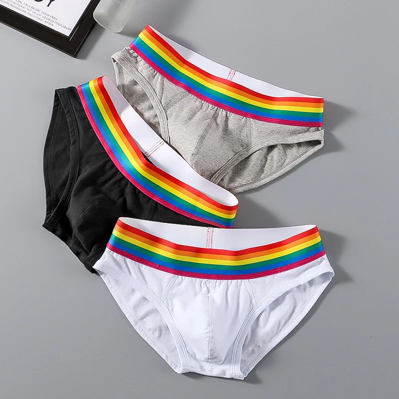 New 3pcs Sexy Men's Briefs Underpants Cotton Boxer Shorts  Solid  Underwear Rainbow Strap Breathable U Convex Young Men Panties