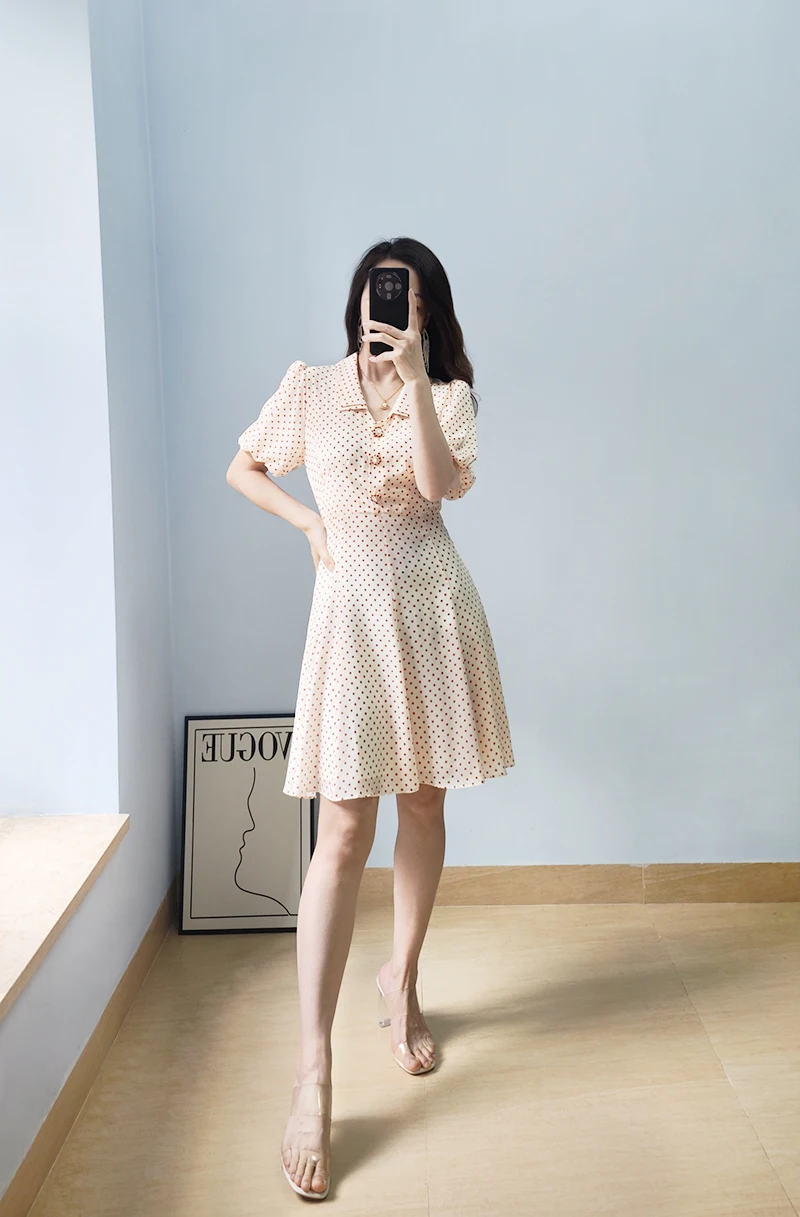 

Puff Sleeves Spot Printed Mini Silk Dress UK 6-UK 14
