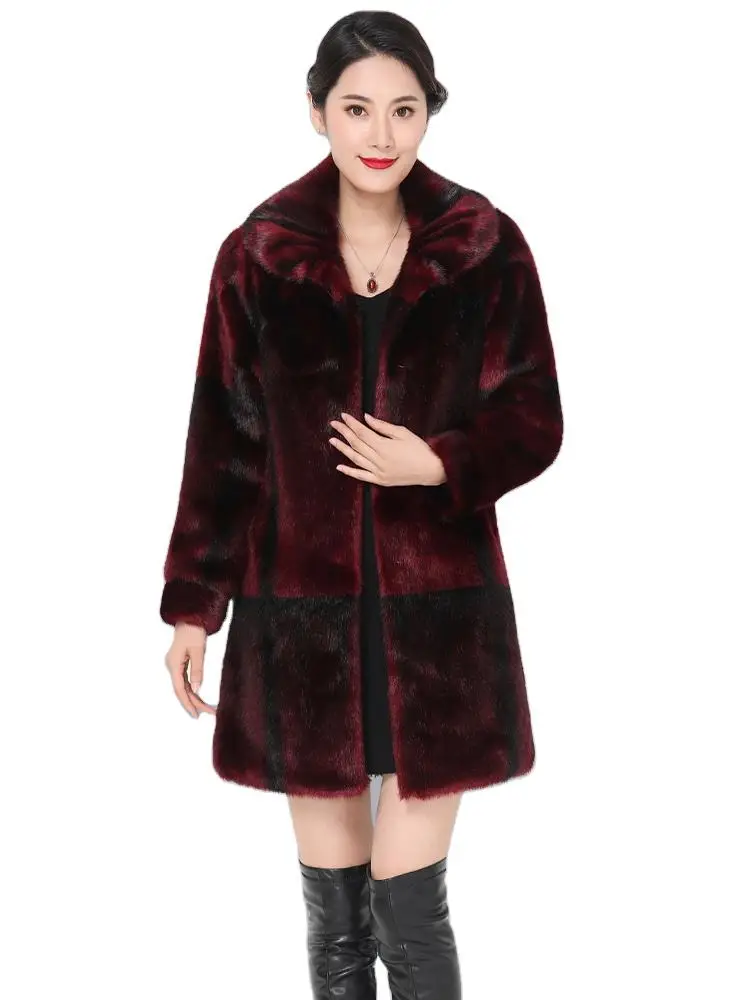 Medium Length Red Coffee Color Winter Fur Coat Women Long Sleeve Europe Trend Clothing Elegant Fluffy Sheared Mink Fur Overcoat