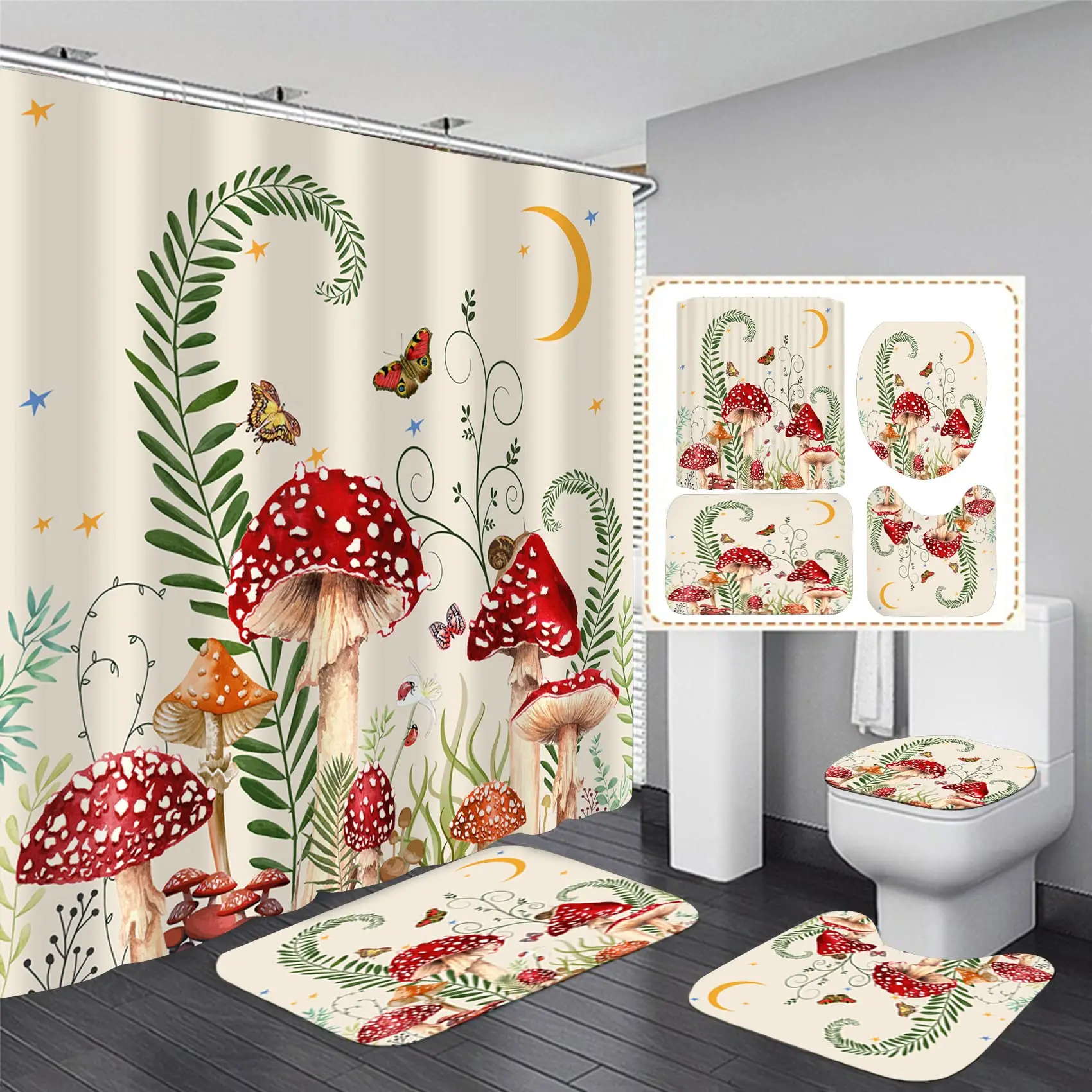 4pcs Bathroom Sets Rugs Shower Curtain, Mushroom Pattern Waterproof Polyester Shower Curtain With , Non-Slip Bathroom Rug, Toil