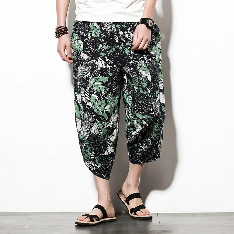 Elegant Fashion Harajuku Slim Fit Ropa Hombre Loose Casual All Match Sports Pants Printed Cotton Linen Thin Style Cropped Pants