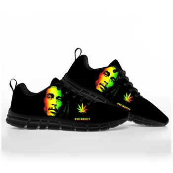 Chaussures de sport de couleur noir représentant Bob Marley en couleur jaune, rouge et vert