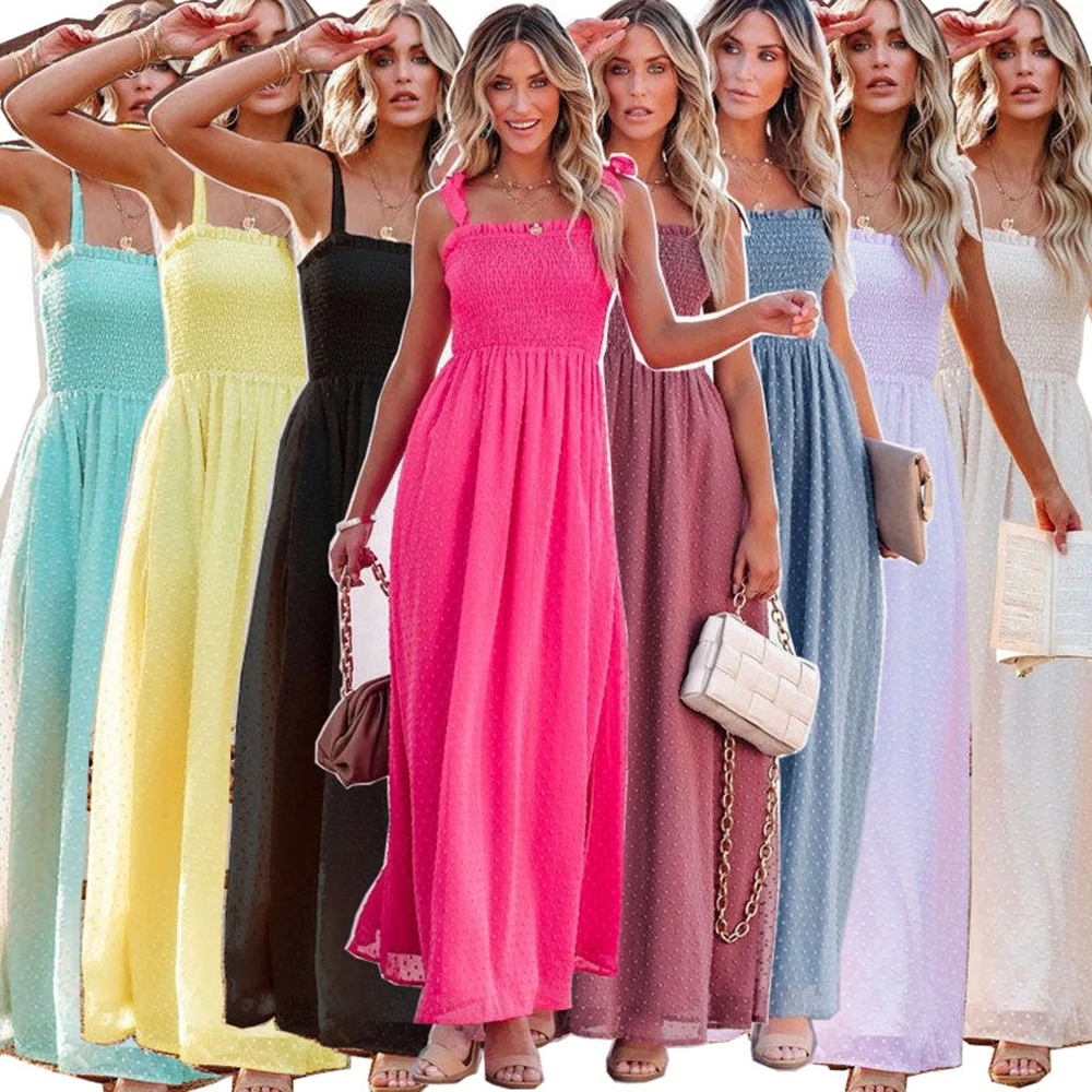

Spring Summer Women Dress 2022 Square Collar Sleeveless Jacquard Elasticity Long Pleasted Dress Vestidos