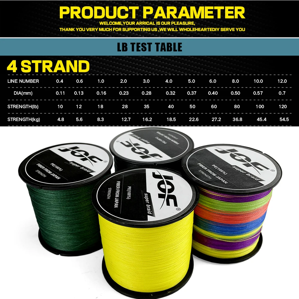 JOF PE Braided 4 Strands Fishing Line 100M Multifilament Wear-resistant 0.11-0.50mm Strong Pull Sea / Wild Carp Fishing 10-80LB