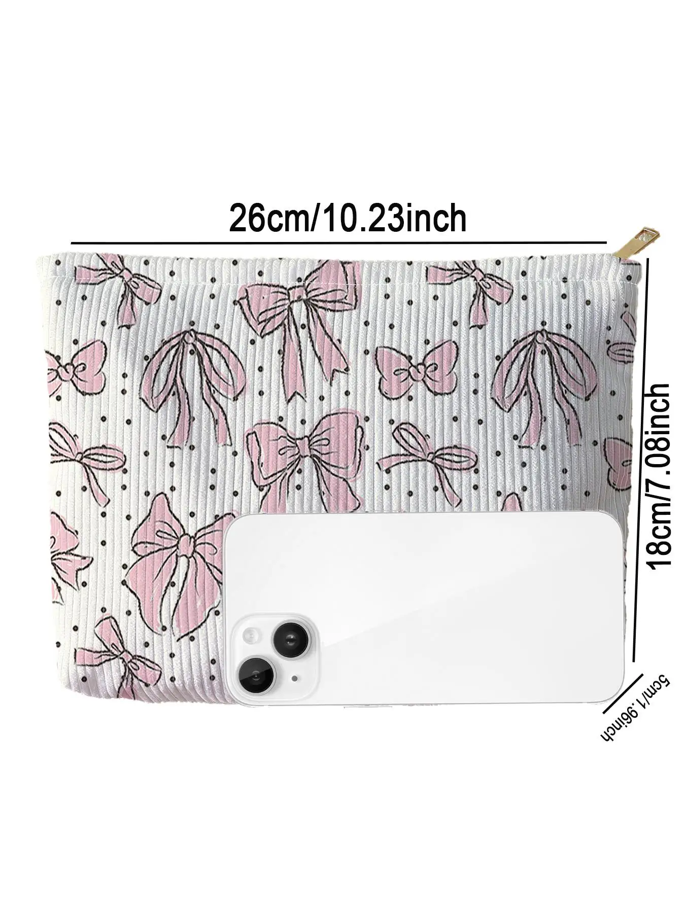 1pc，Pink bow patterned corduroy zipper makeup bag, lightweight and multifunctional makeup storage bag