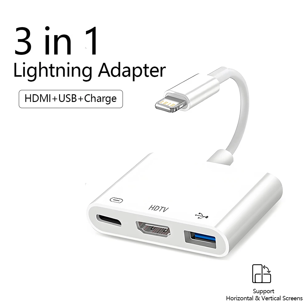 3 in 1 Lightning to HDMI Adapter USB 3.0 Port & USB-C Charging Port Compatible for MacBook Pro iPad Air iPhone 14 13 12