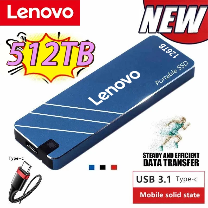 Lenovo 2024 оригинальный высокоскоростной портативный SSD 512 ТБ внешний жесткий диск с интерфейсом USB 3,1 Type-C для ПК ноутбуков компьютеров
