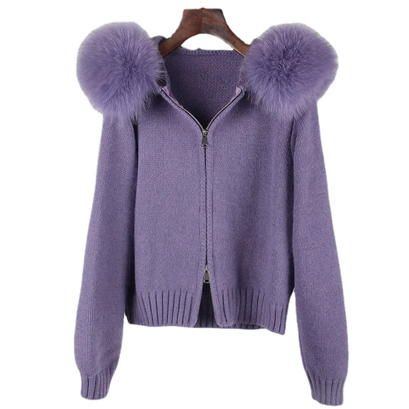 Autumn/Winter Casual Hooded True Fox Coat Women's Wool Collar Fashion Versatile Knitwear with Fur Overlay