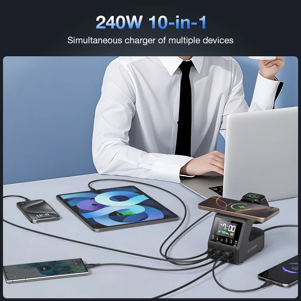 Blitzwolf BW-FW10 10-em-1 240W Carregador de despertador sem fio 2USB-A + 4USB-C PD3.1/3.0 QC4.0/3.0/2.0 PPS AFC SCP Carregador rápido
