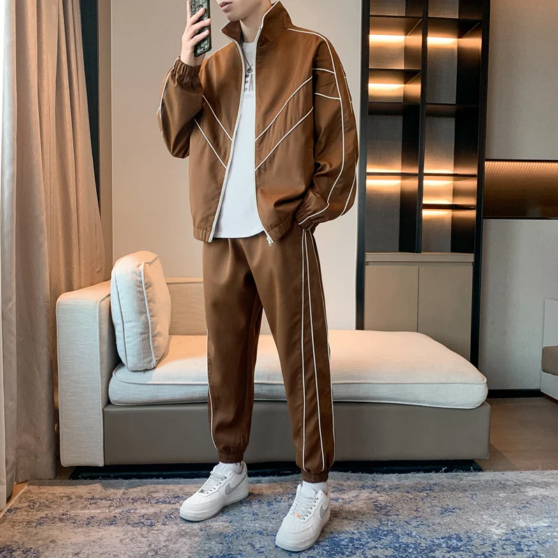 용수철 남성용 캐주얼 스포츠 세트, 라펠 지퍼 스웨트 셔츠, 카디건 재킷, 하이 스트리트 재킷 바지, 2 피스 세트 세트, 가을