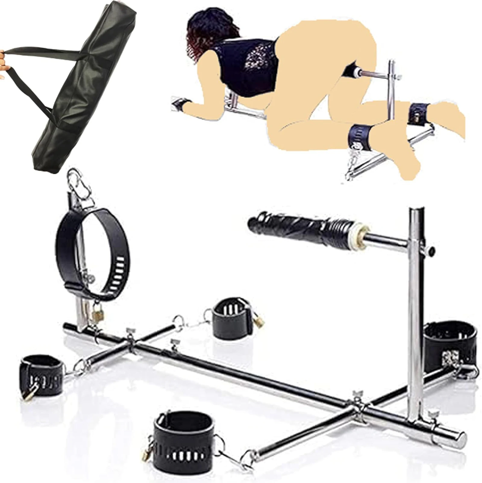 Stainless Steel Frame Spreader Bar with Anal Plug Bondage Leather Handcuffs Wrist Cuffs Anklet Collar Dildo Dog Slave SM Devices