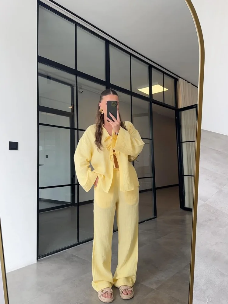 Wmstar Two Piece Set Women Wholesale Woman 2025 Summer New Solid Color Bow Long Sleeved Shirt Wide Leg Trousers Casua Clothing