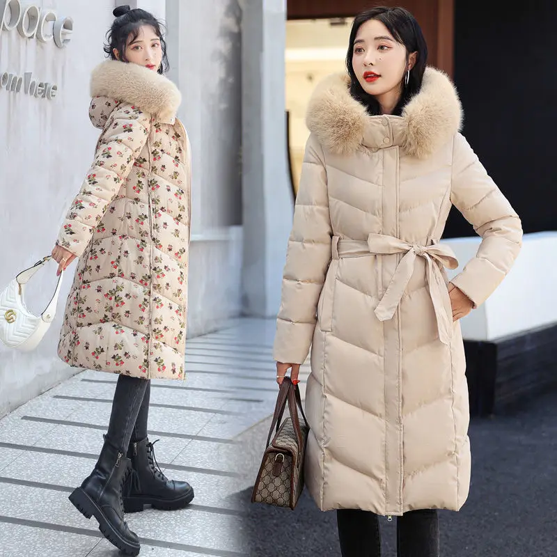 

2023 Women Down Cotton Coat Winter Jacket Female Artificial Fur Collar Parkas Medium Style Hooded Outwear Reversible Overcoat