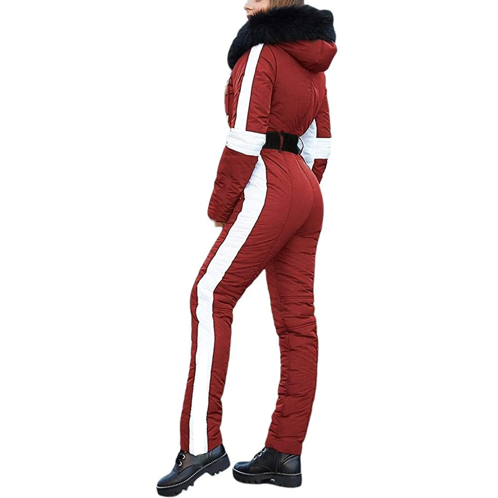 Women One Piece Ski Jumpsuit With Fur Collar Outdoor Sports Zipper Overalls Cotton Bodysuitski Suit Winter Hooded Parka Jumpsuit 5