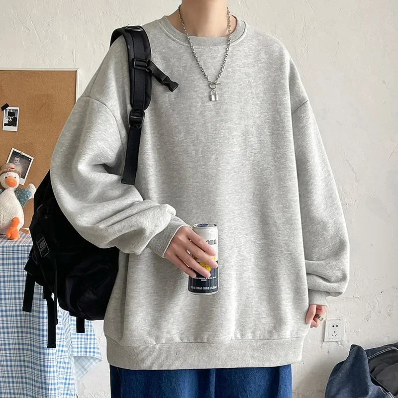New Hong Kong Style Large Size Solid Round Neck Sweater Pullover Casual Loose Fitting Men's Japanese Long Jacket Men