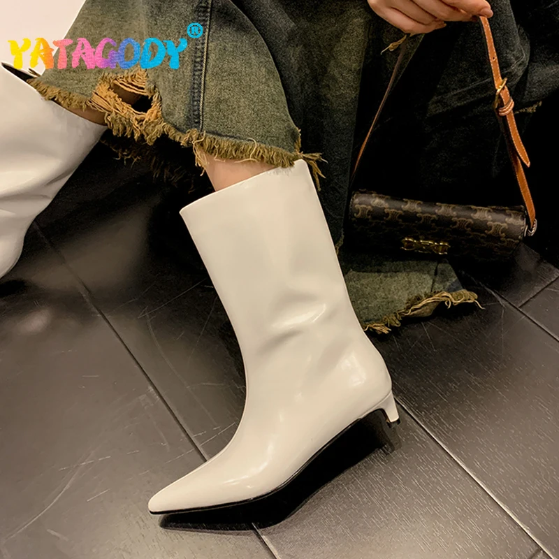 

YATAGODY Size 33-41 Women Wide Calf Boots Cow Leather Kitten Heel Winter Shoes For Women 2023 Pointed Toe Luxury Short Boots