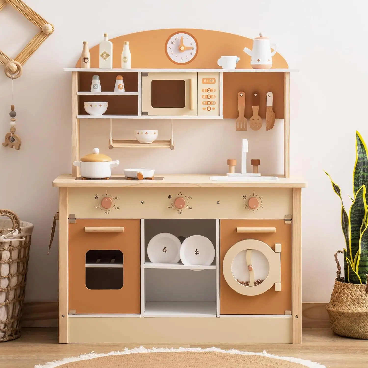Robotime Wooden Play Kitchen Set Pretend Play Kitchen Wooden Toy Set with Dishwasher for Boys and Girls Ages 3 Brown Blue Pink