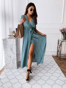 Womens Summer Fashion Maxi Dress Short Sleeve V-Neck Ladies Polka Dot Dress Split For Female Boho Beach Holiday Dress
