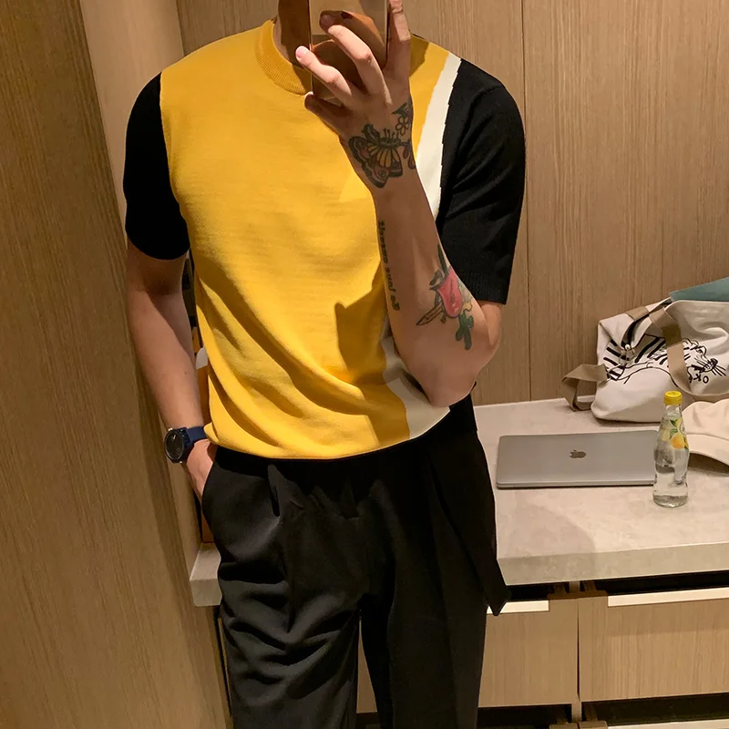 

Men 2023 Summer New Contrast Color Striped T-shirt Knitted Short Sleeves Top 's O-neck Sleeve Slim Knit Tees E149