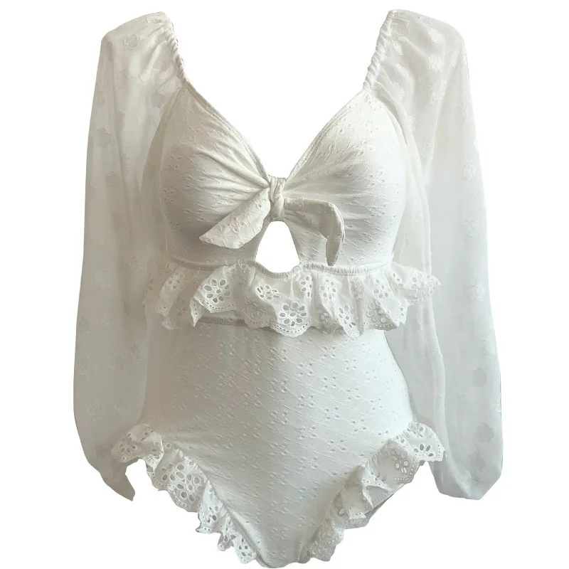 

2021 New Korean Ins Wind Swimsuit Feminine Halter Back Thin Cover Belly Siamese Bubble Sleeve Hot Spring Bikini