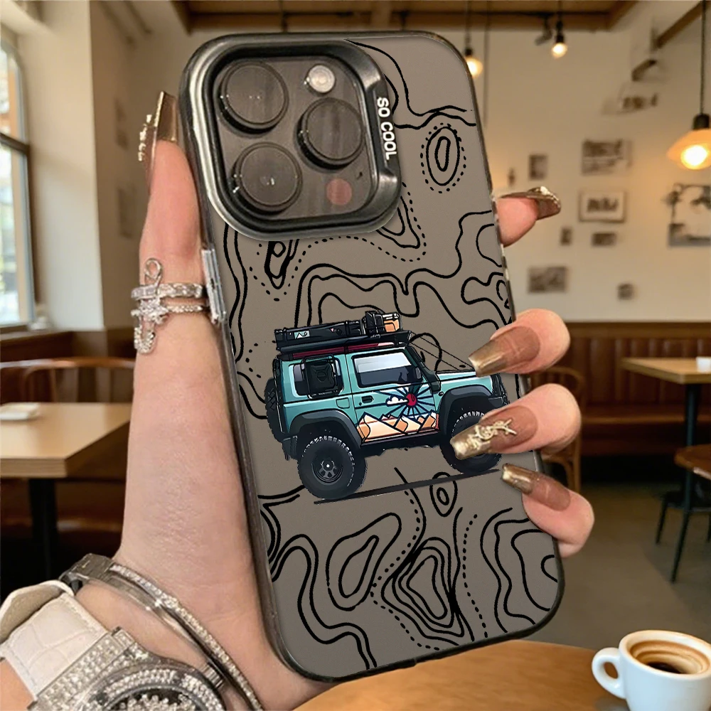 Stoßfeste Handyhülle mit Fahrzeug- und Topographiekarte für iPhone 16 15 14 13 12 11 Pro Max/Mini, kratzfeste Premium-Hartschale
