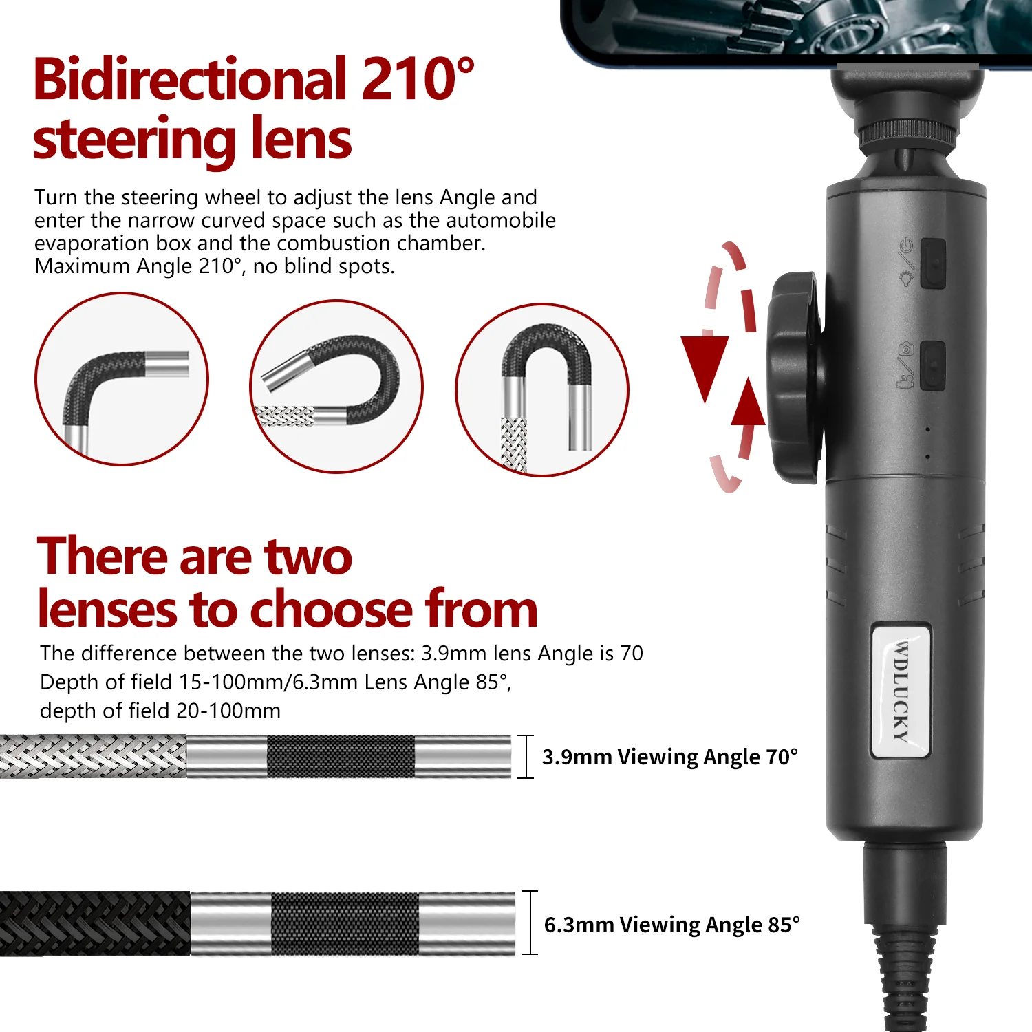 WDLUCKY 360° Two-Way Articulating Borescope Industrial Endoscope 3.9mm Car Sewer Inspection Camera with Light for  IOS Android 2