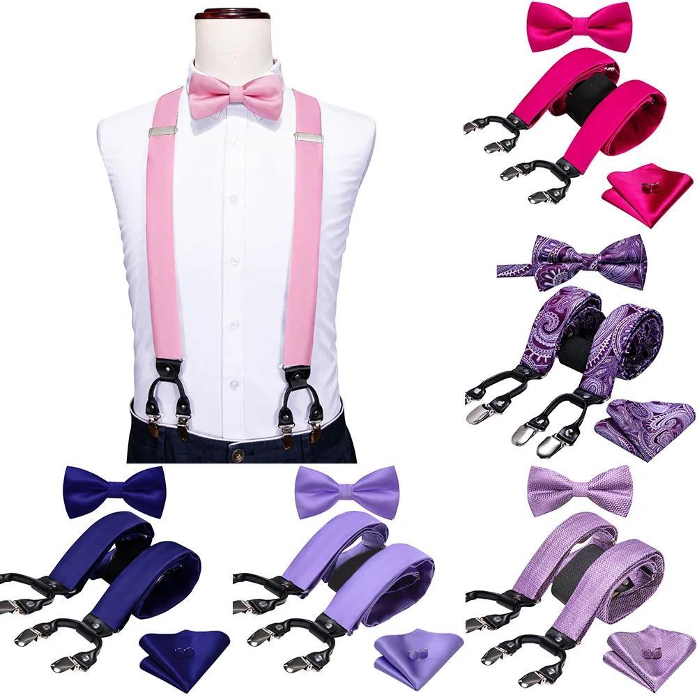 

Designer Pink Men's Suspender For Shirt Fashion Silk Solid Bowtie Handkerchief Cufflinks Set Wedding Party Gifts Barry.Wang 2104