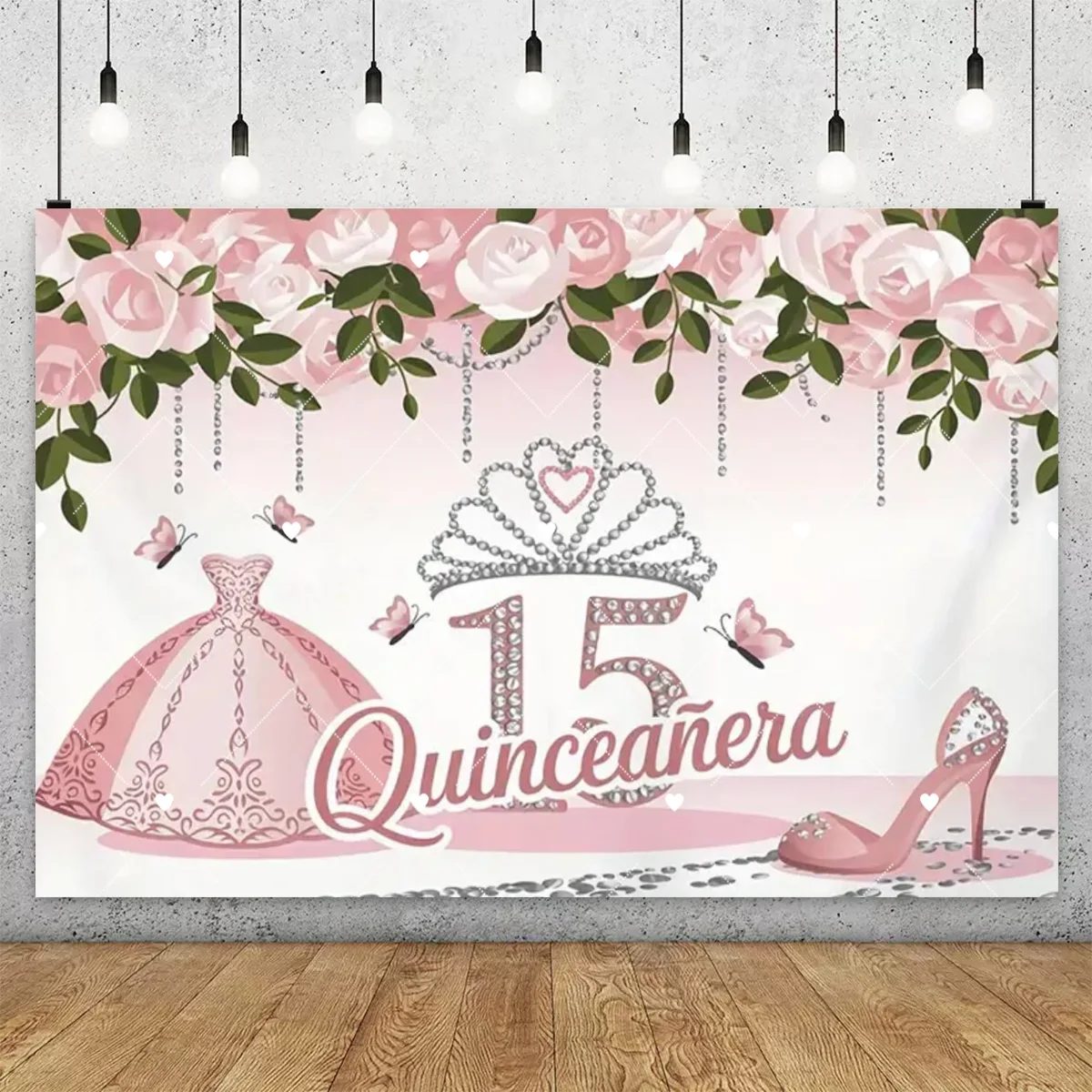 Wunderschöner Hintergrund für 15-jährige Mädchen, Geburtstag, Party-Dekoration, 15. Geburtstag, Feier, Krone, Kleid, Blumen-Schmetterlings-Fotohintergrund – Detail 3