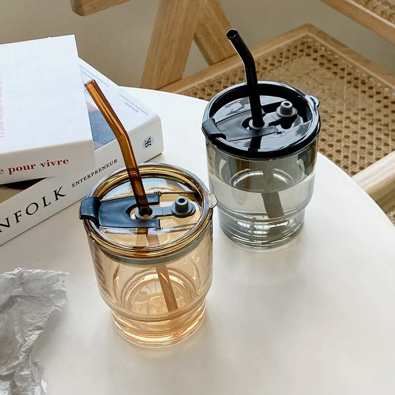350ml 400ml Coloured Glass Cup Amber Grey Portable Iced Coffee Tumbler Cup with Plastic Lid and Colour Glass Straw 1 Pc