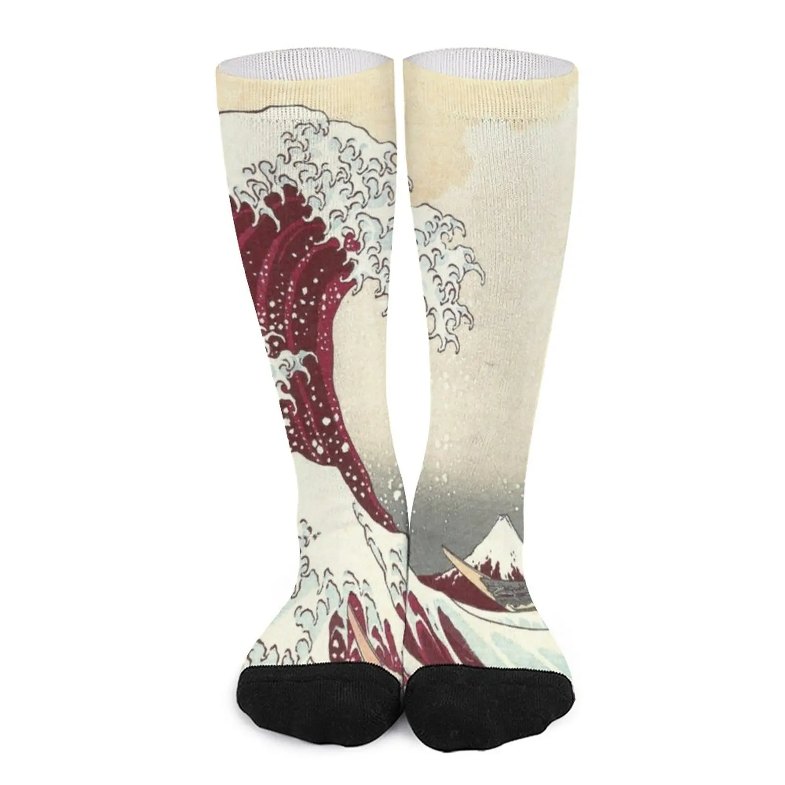 Great Wave - Kanagawa Night, black, red Socks Run cotton socks men basketball socks Antiskid soccer socks