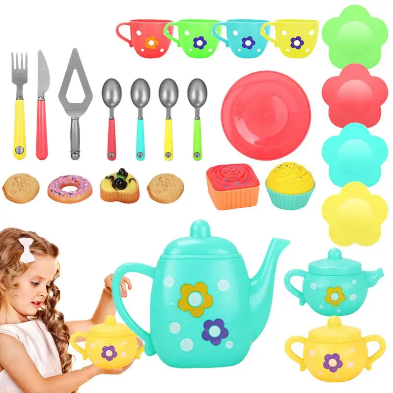 

25pcs Wooden Tea Toys Pretend Play Kitchen Accessories Food Playset For Kids Tea Party Colorful Simulation Doughnuts Smooth Bowl