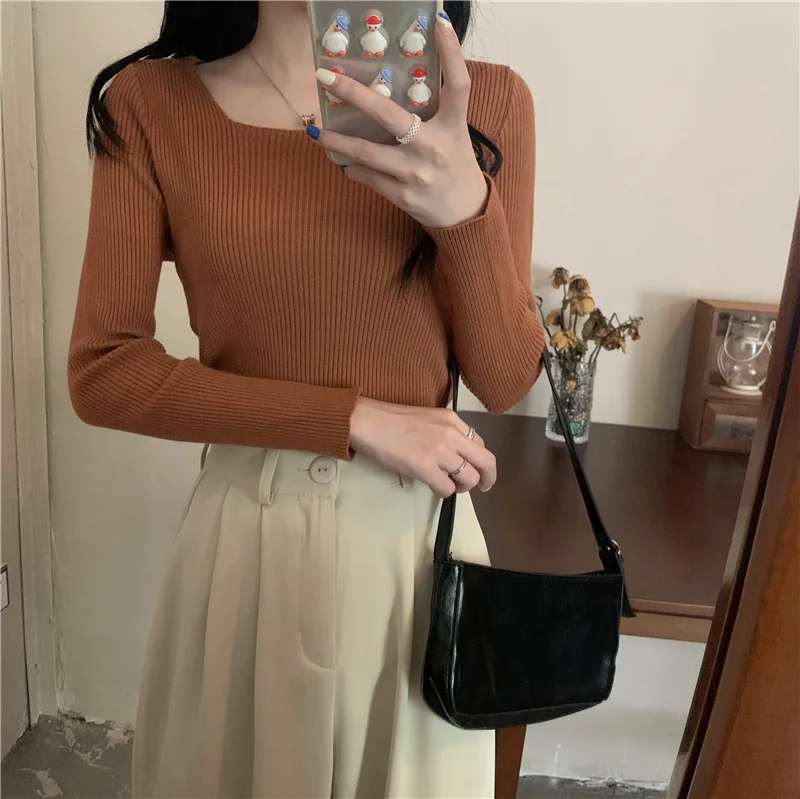 Women Square Neck  Knitted Sweaters Autumn Winter Slim Pullover Soft  Loose Casual Knit  Warm Fashion Basic Tops vintage sweaters