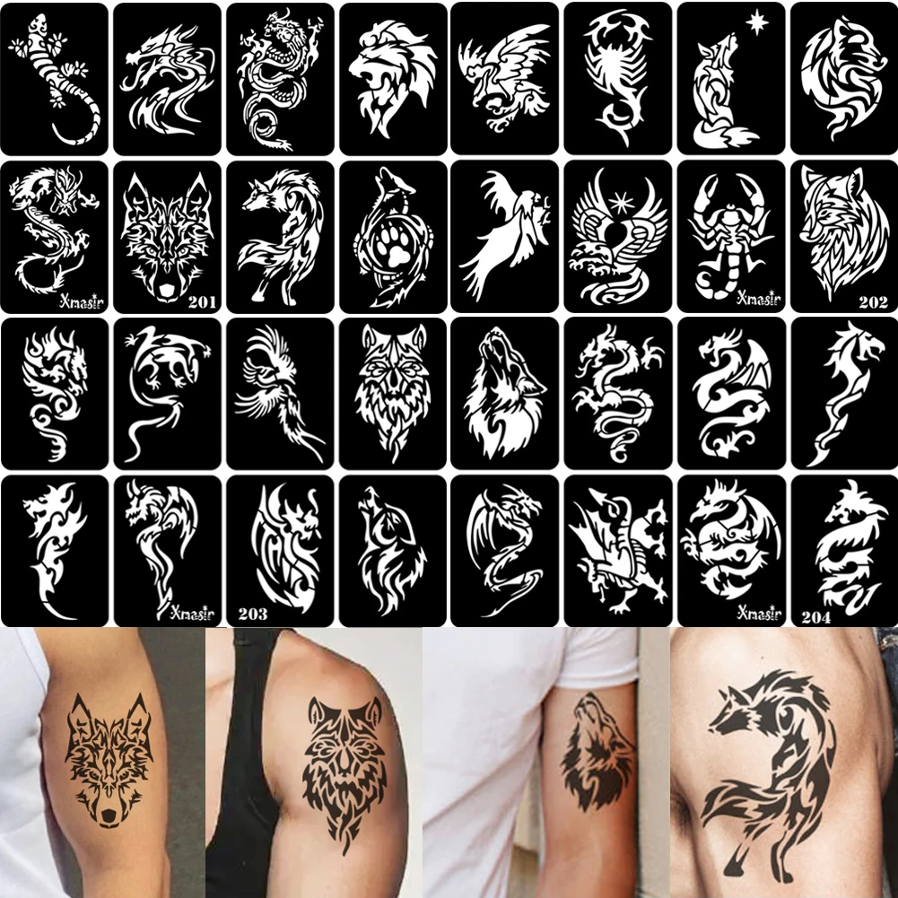 32pcs Airbrush Temporary Tattoo Stencil for Men Arm Back Body Art Painting  DIY Glitter Templates Fake Tattoo Set 6.7cm*9.5 Cm