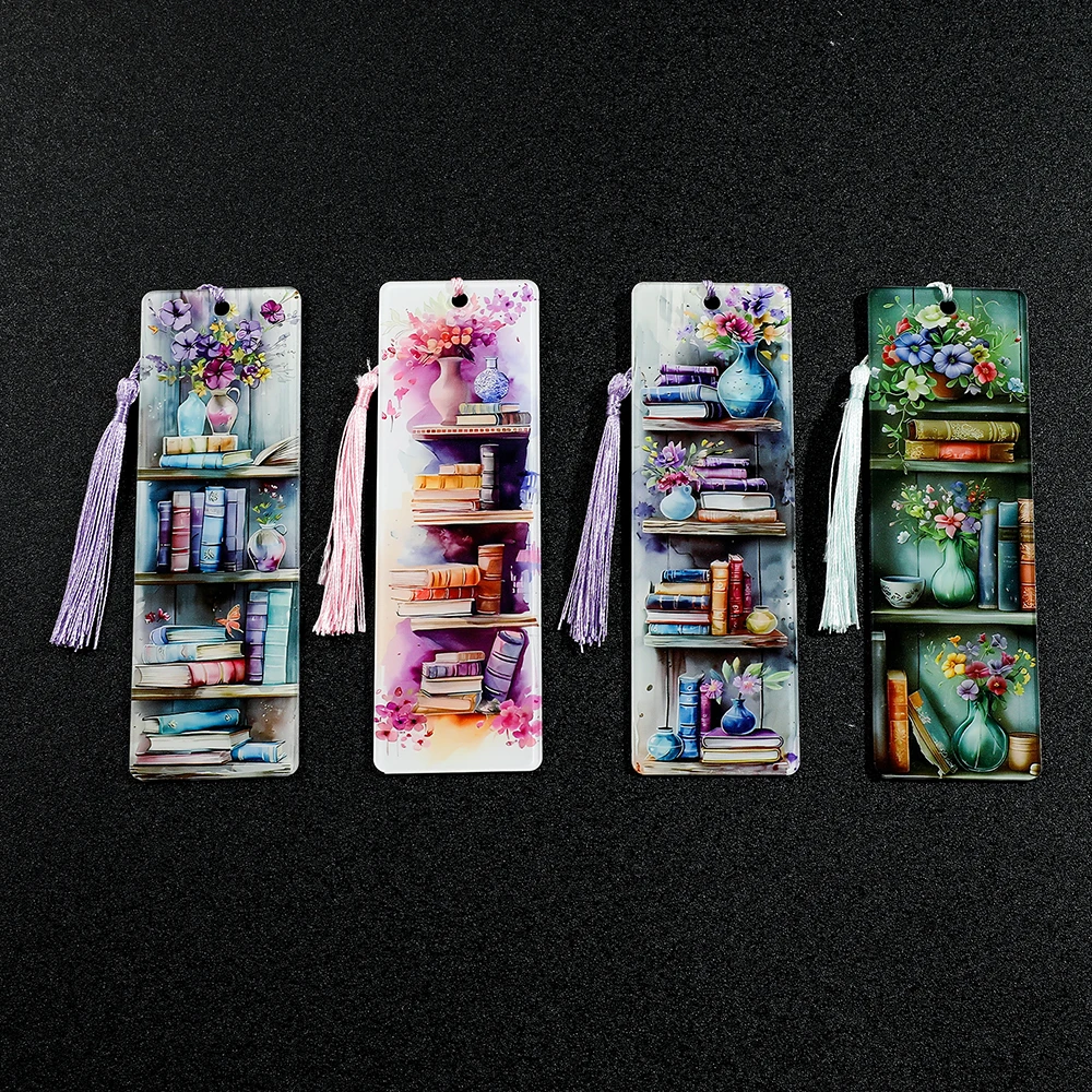 1pcs Bookcase & Vase Bookmarks Art Acrylic with Tassel Reading Marker for Book Lovers Bookworms Men Women, bookmarks stationery supplies, bookmark holder, acrylic bookmark