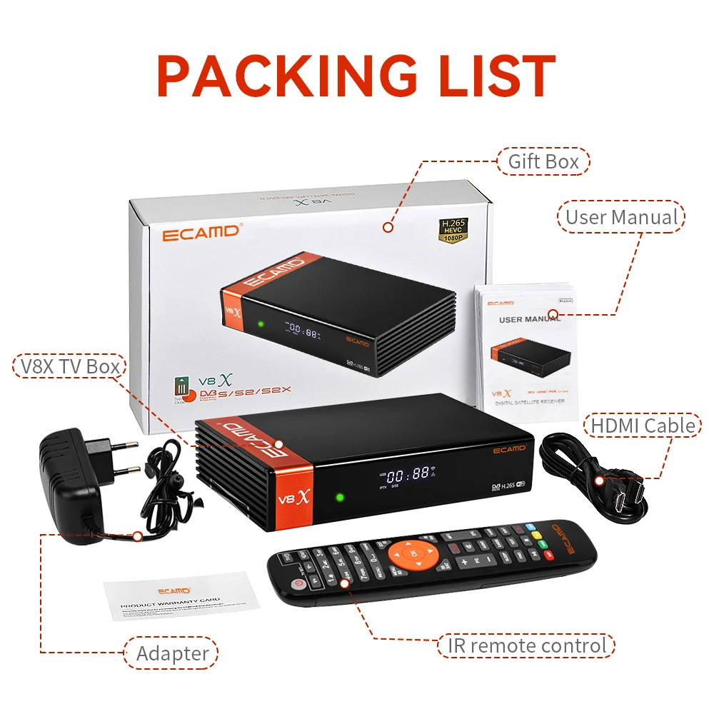 ECAMD V8X Satellite Receiver DVB-S/S2/S2X ACM multi stream built-in 2.4G WiFi Support CA card V8 Nova upgrade ecam Mars V8X satellite tv receiver