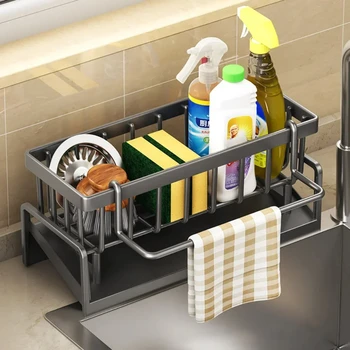 Organizzatore per scolapiatti per lavello da cucina Scaffale per lavello autodrenante in plastica ABS Porta spugna per sapone Strofinaccio Porta asciugamani Cestino filtro 1