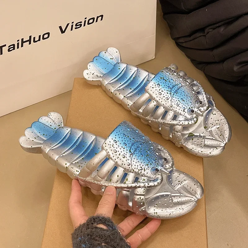 2025 New Metal Color Funny Lobster Slippers For Women Men Summer Shoes Anti-slip Cute Cartoon Couples Indoor Beach Slides