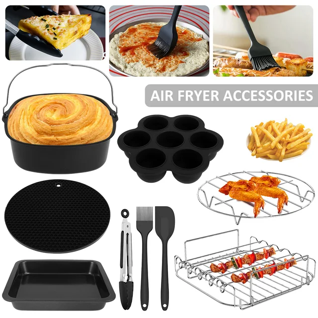 9 Db Air Fryer Tartozékok Négyzet Alakú Lég Sütő Süteményekkel És Pizza Serpenyővel 304 Rozsdamentes Acél Nyársaló Olajkefe