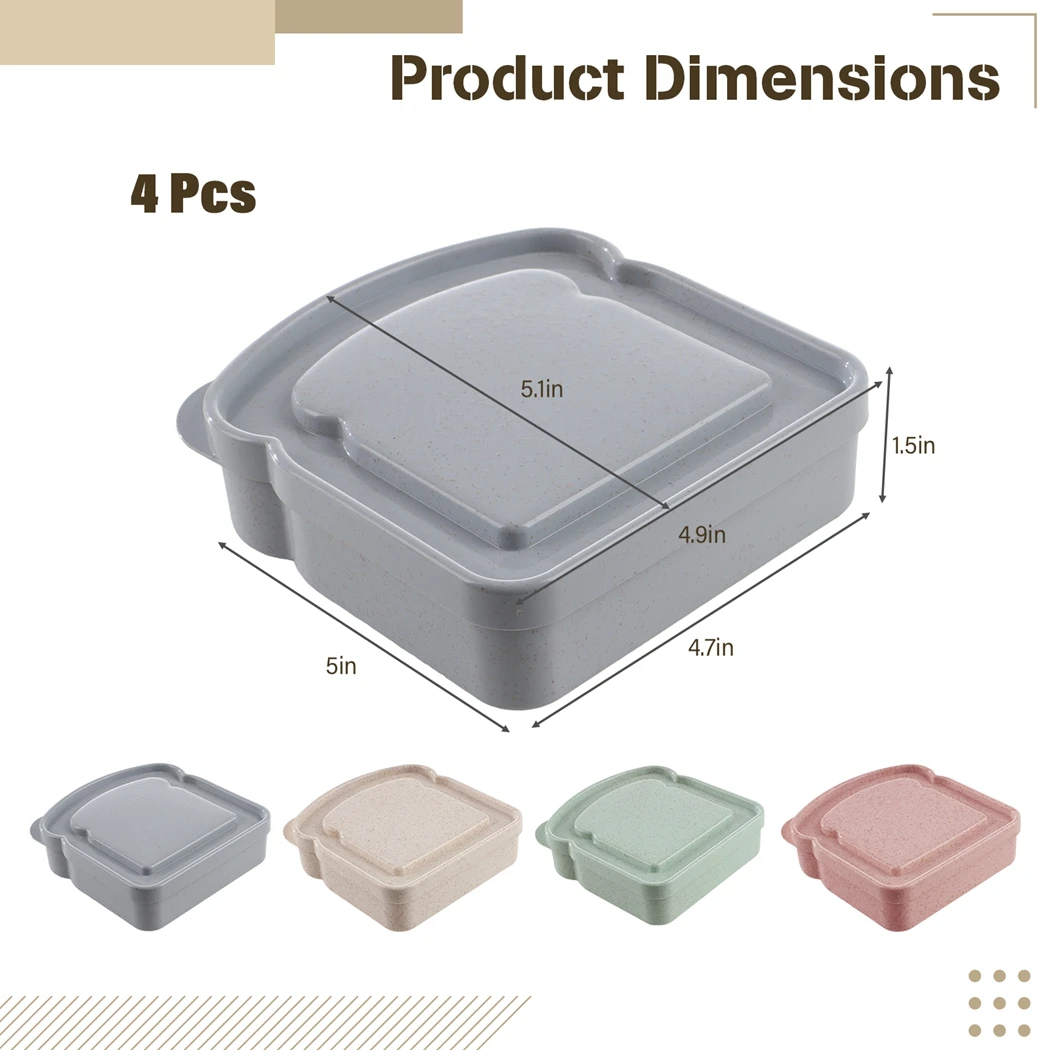 4Pcs Sandwich Boxes Toast-Shaped Sandwich Containers Reusable Plastic Keepers Portable Holders Food Storage