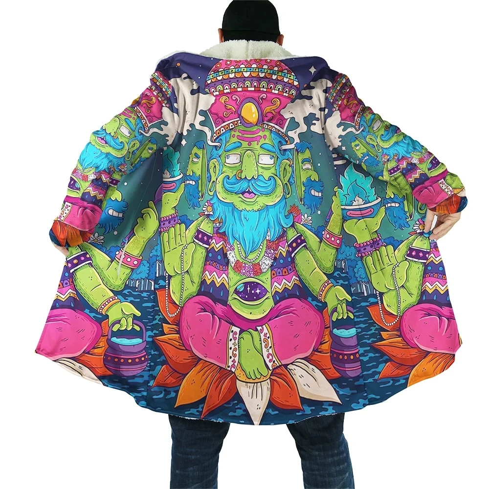 

Hindu gods hooded cloak winter men's 3D printed wool hooded jacket women's jacket pocket cape jacket