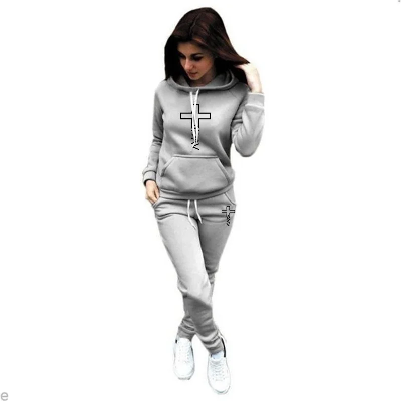 New Religious Symbol Cross Printed Women's Two Piece Hoodie + Jogging Pants Outdoor Long Sleeve Casual Sweat Suit_voghion.com