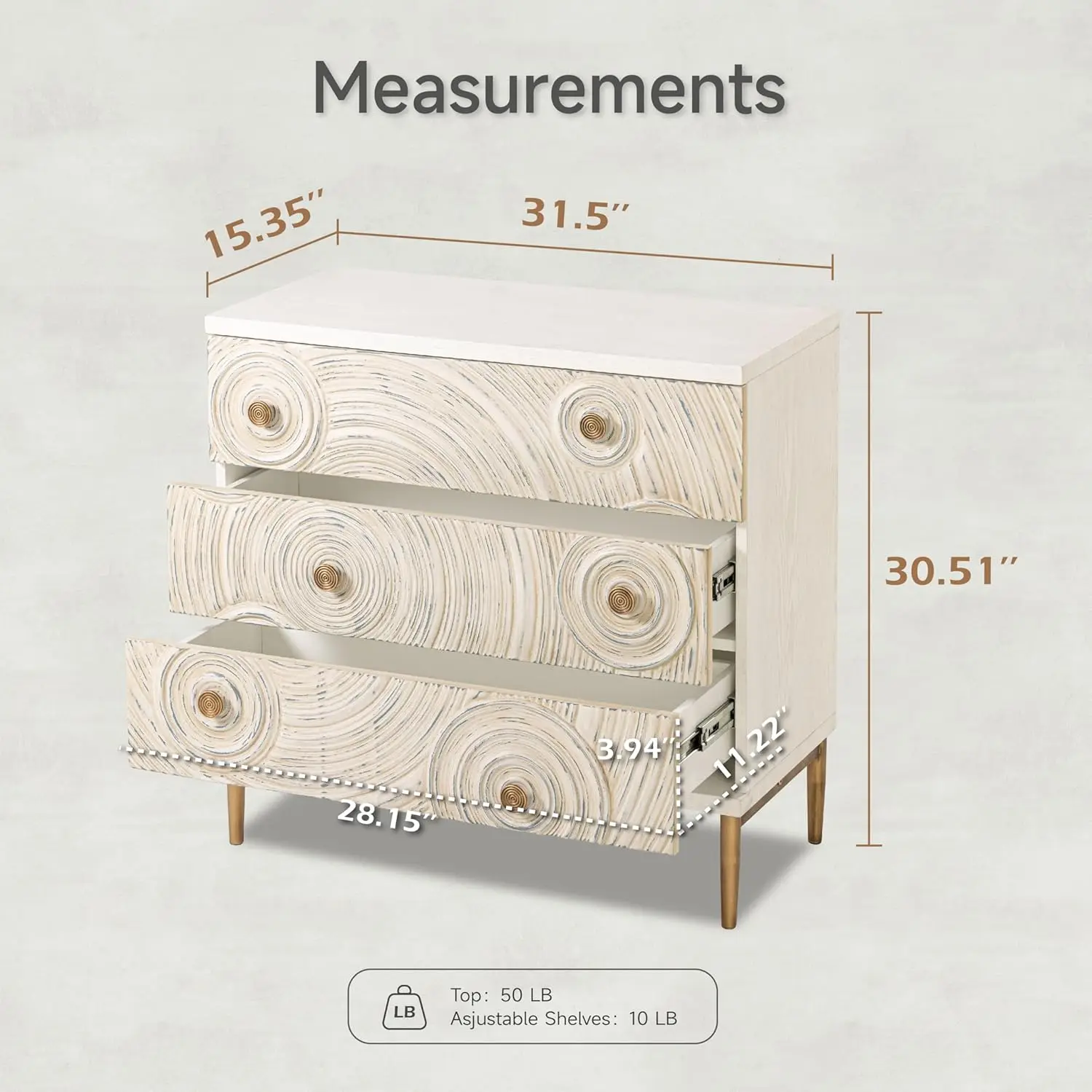 armhouse 3 Drawer Dresser with Ring Motif, Disstressed Embossed Nightstand for Bedroom, Entryway, French Country