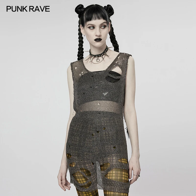 

PUNK RAVE Women's Sweater Punk Imitation Mental Wire Ripped Punk Style Irregular Cutting Hollow Out Nightclub Tank Women Tops