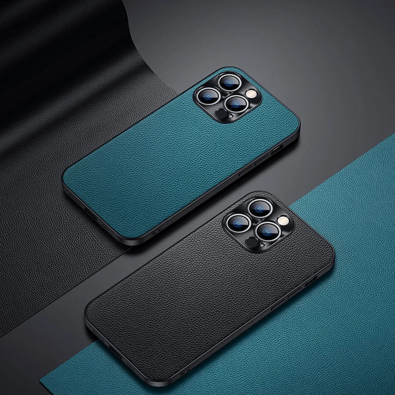 

Luxury Genuine Leather Phone Case For iPhone 14 Pro 14 Plus 13 12 Pro Max Soft Cover Metal Camera Protection Top Layer Cowhide