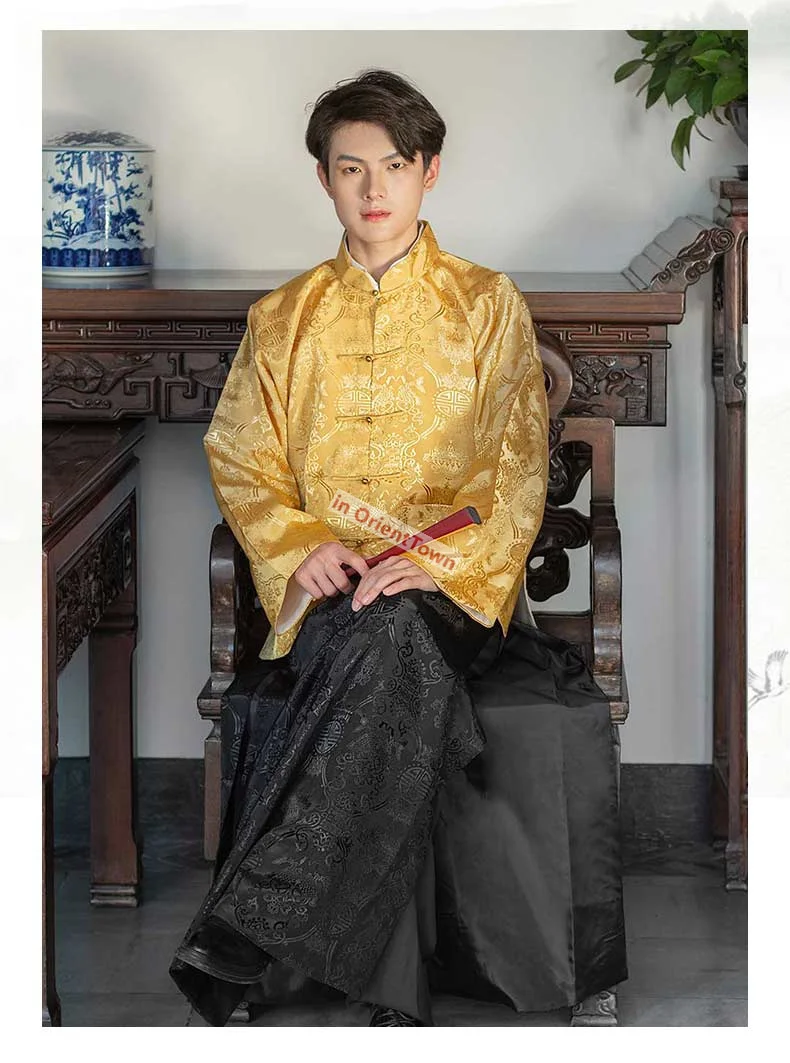 Mens Cotton Linen Gold Red Blue Black Mandarin Jacket Long Robe Male 1900-1949 Traditional Chinese Streetwear Tang Suit