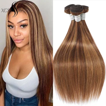 32 Inch Honey Blonde Straight Bundles P4/27 Highlight Straight Human Hair Bundles Brown Colored Brazilian Hair Weave Bundles 1