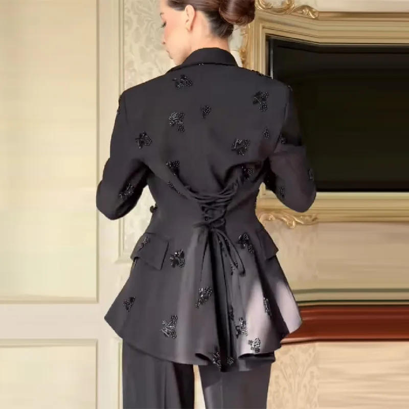 Womens Beaded Double Breasted Jacket Set With Peplum And High Waisted Wide Leg Pants Casual Suit